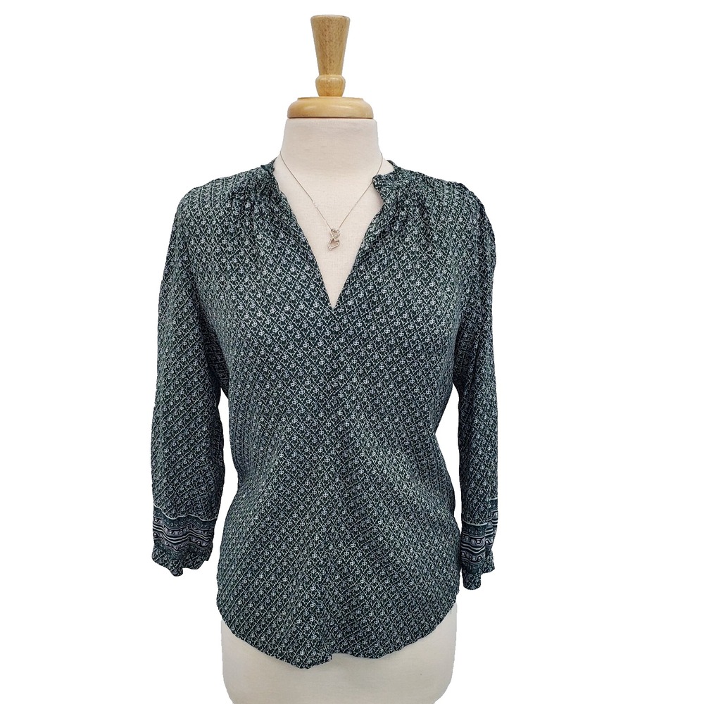 Madewell Womens Floral‎ Silk Memory Blouse Top Size S Green V-Neck 3/4 Sleeve
